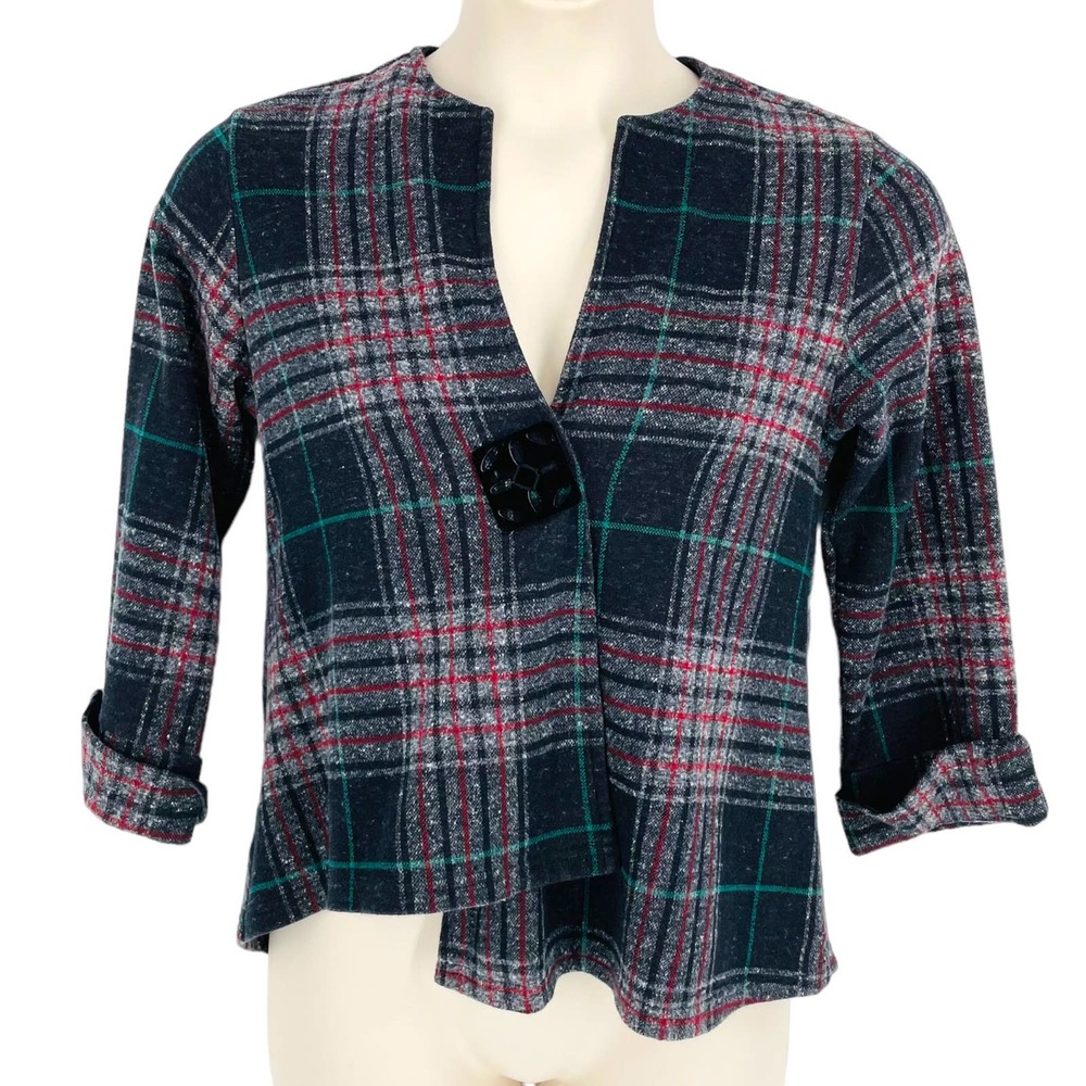 Parsley & Sage Black Gray Tartan Plaid Single Button Blazer Jacket Women's S